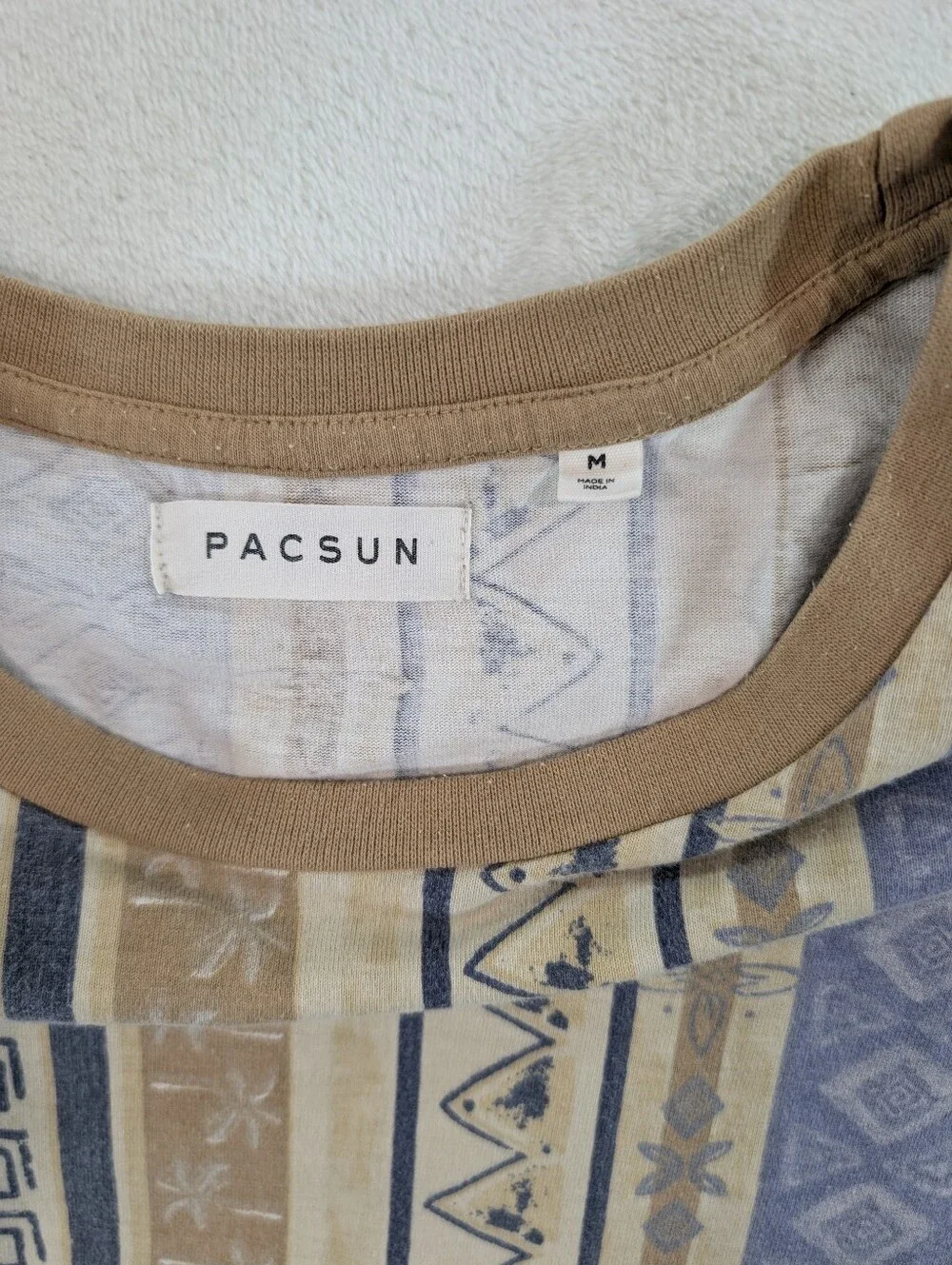 PacSun Aztec Tribal Ringer Tee Retro Southwestern Tan Blue Sz M